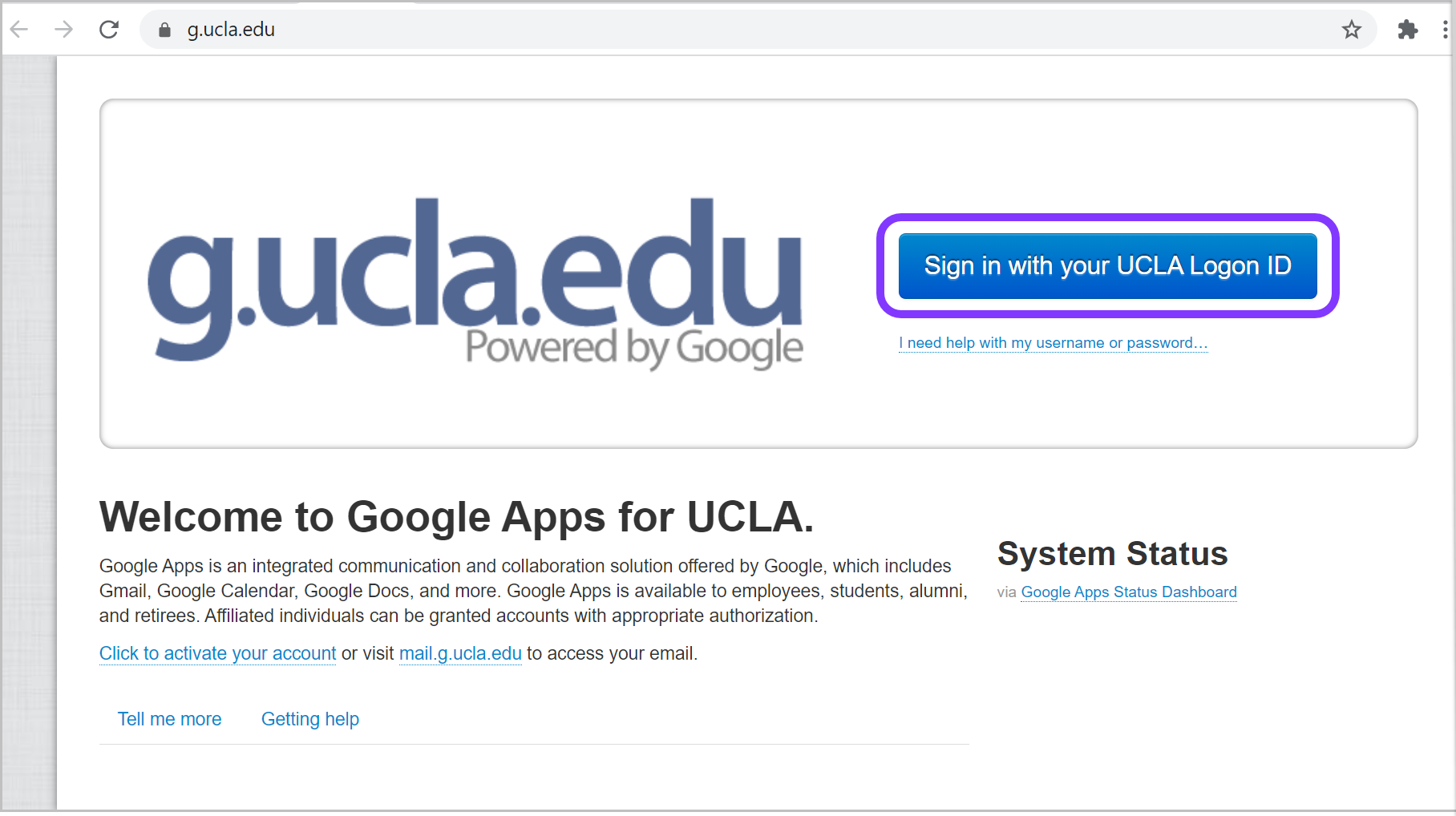 Google Apps for UCLA login page with Sign in with your UCLA Logon ID highlighted.