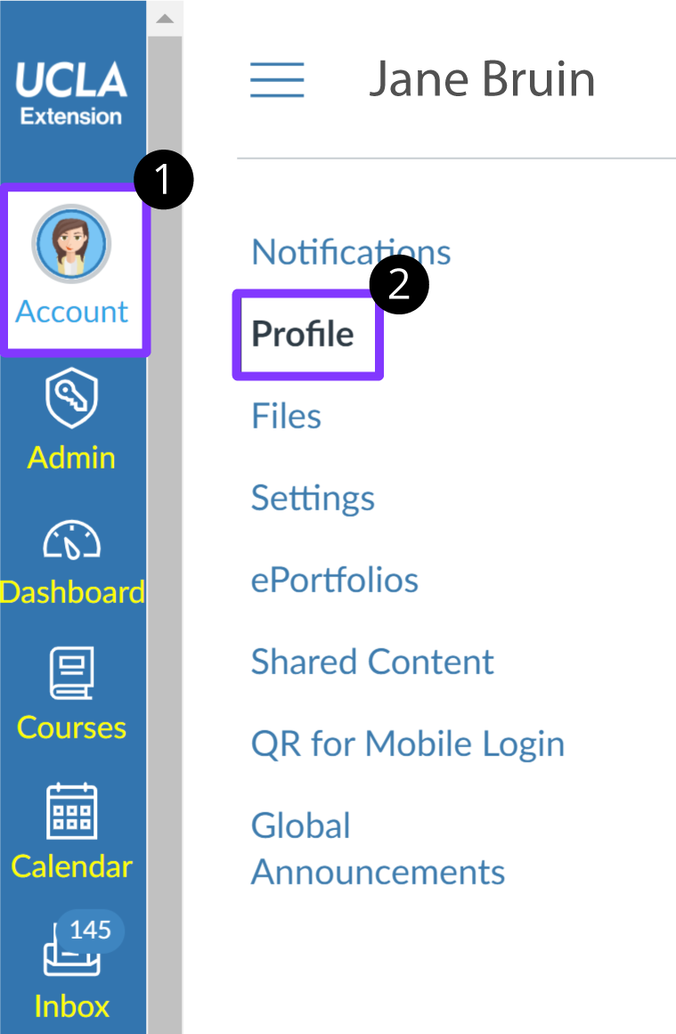 Profile highlighted in the Account menu options.