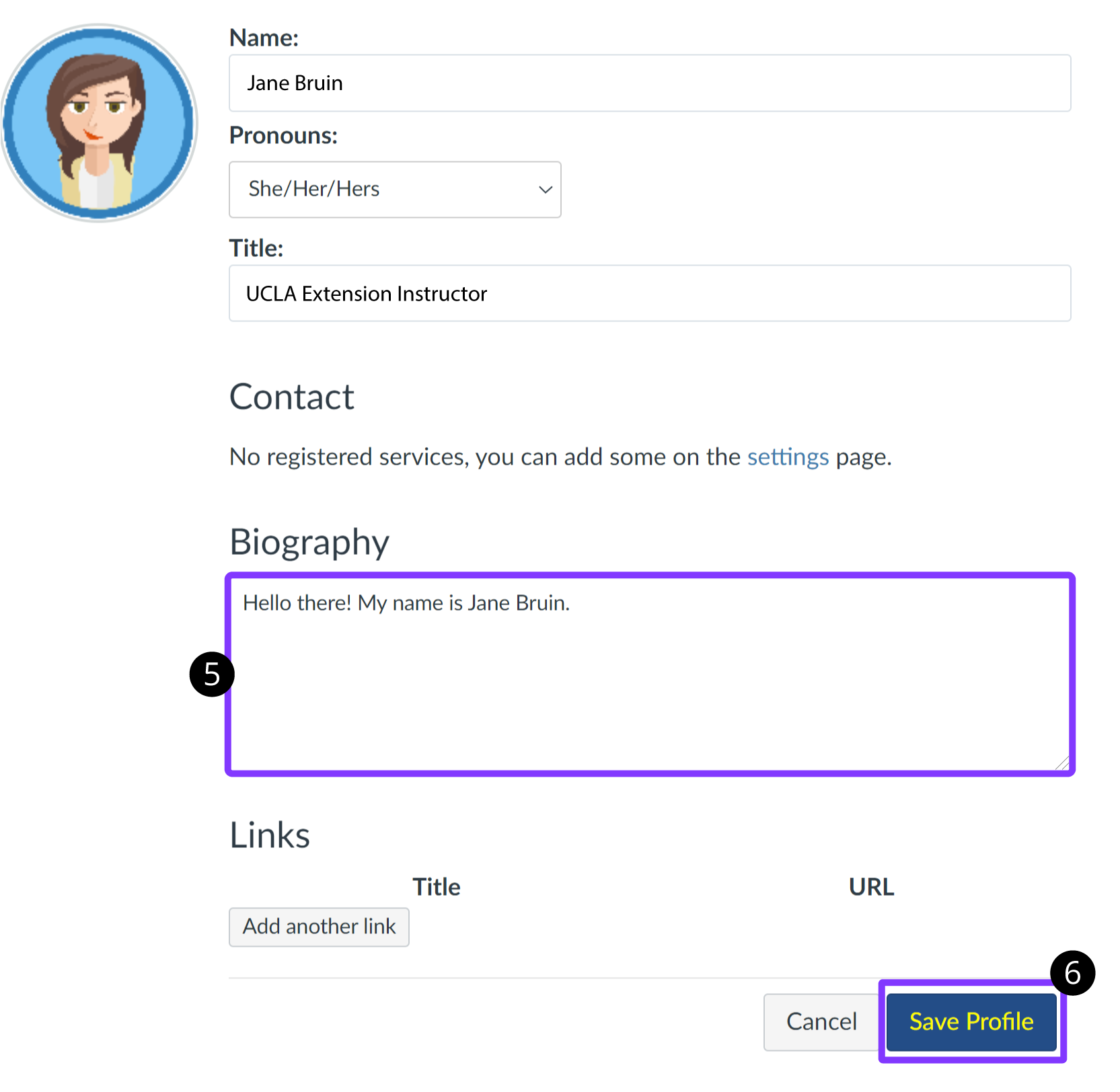 Biography text field and Save highlighted.