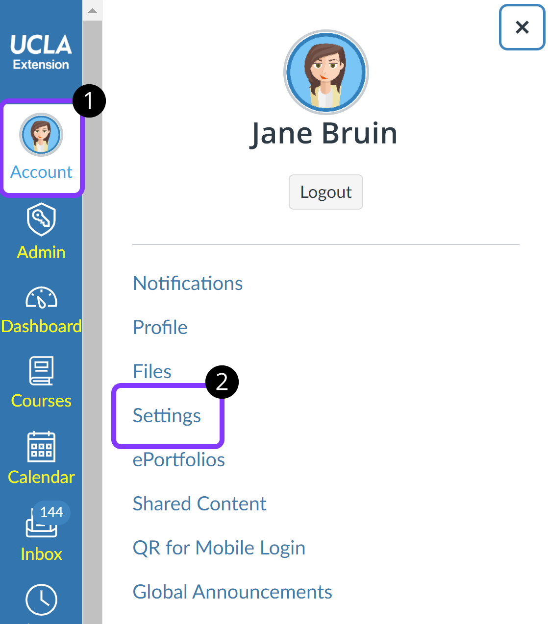 Settings highlighted in the Account menu.