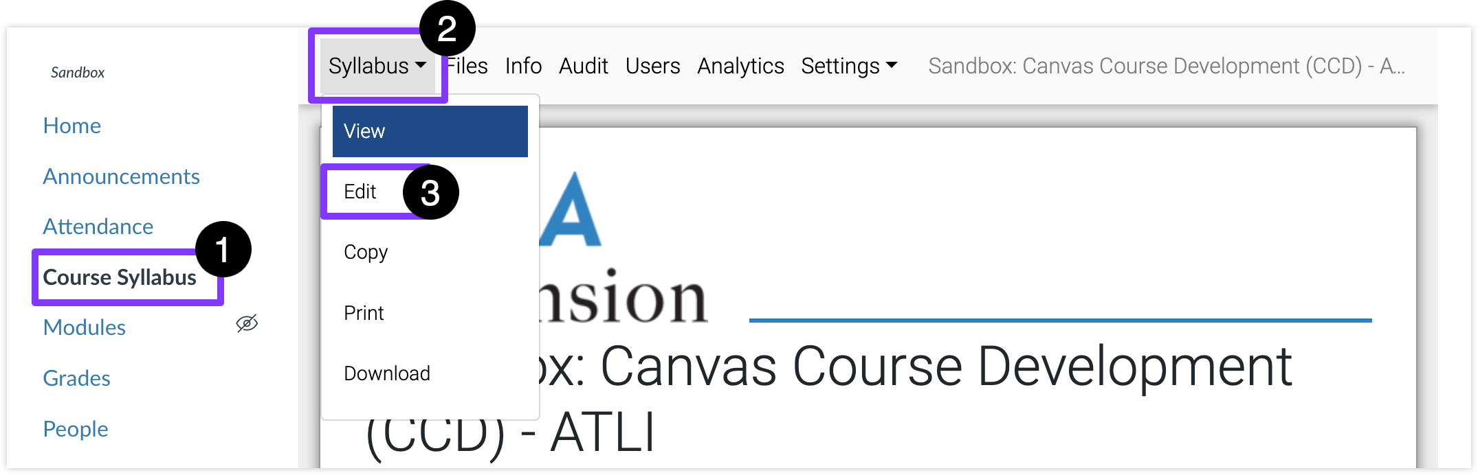 Course Syllabus highlighted, Syllabus drop-down menu highlighted, and Edit option highlighted.