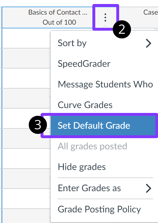 Set Default Grade highlighted from the Options drop-down menu.