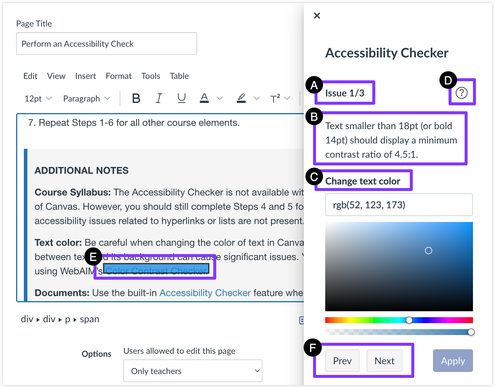 The Accessibility Checker flagging an issue on the page and various information highlighted on the Accessibility Checker