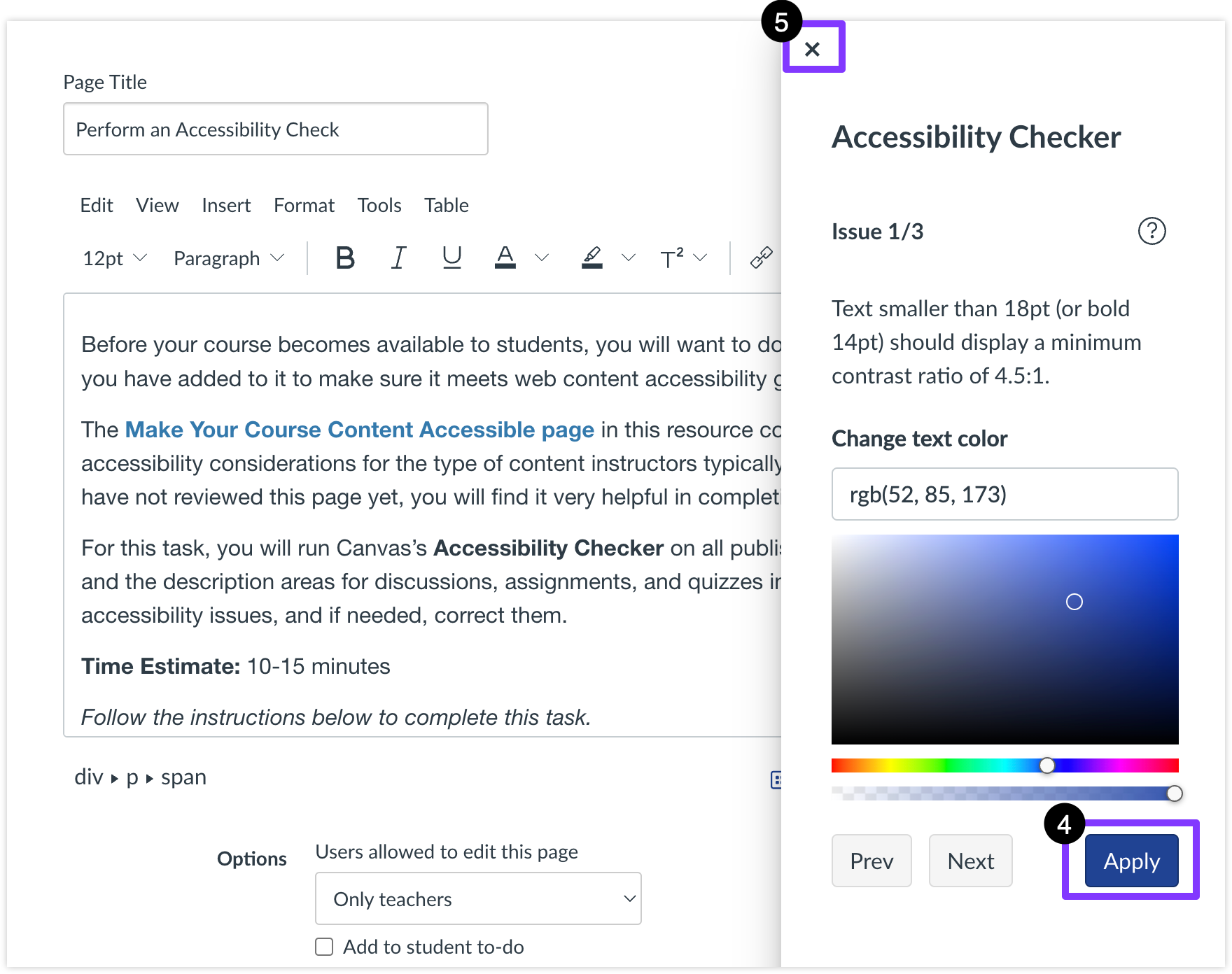 Apply and Close highlighted in the Accessibility Checker.