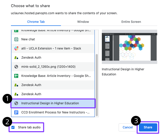 Choose what to share menu in Panopto with browser tabs displayed