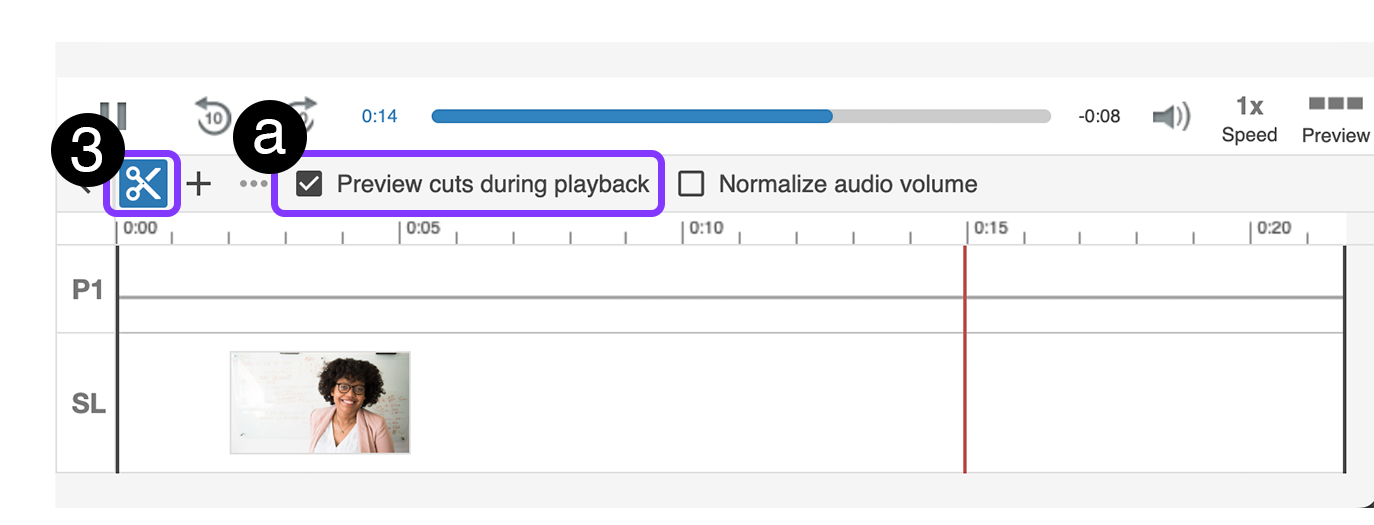 Using the scissors button to edit the video and highlighting the Preview cuts during playback checkbox