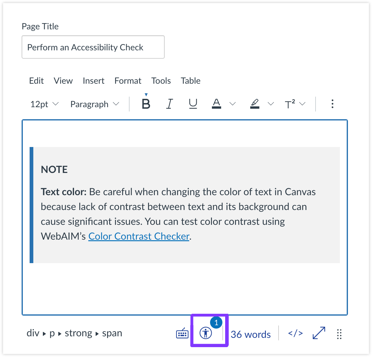 The Accessibility Checker icon at the bottom of the RCE highlighted.