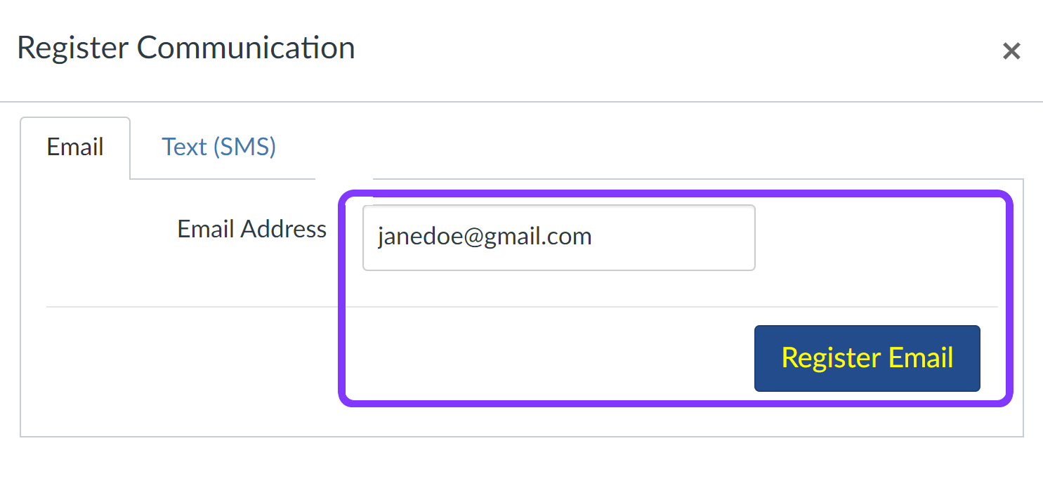 Email address populated in the text field with Register Email highlighted.
