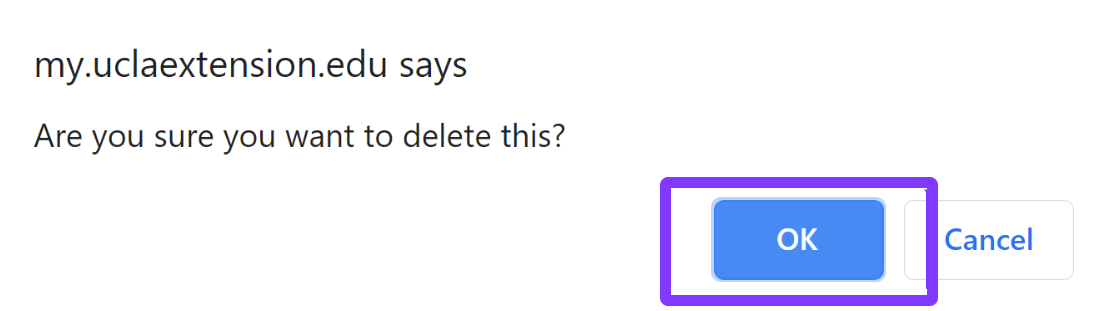 Ok highlighted in the window to confirm deletion.