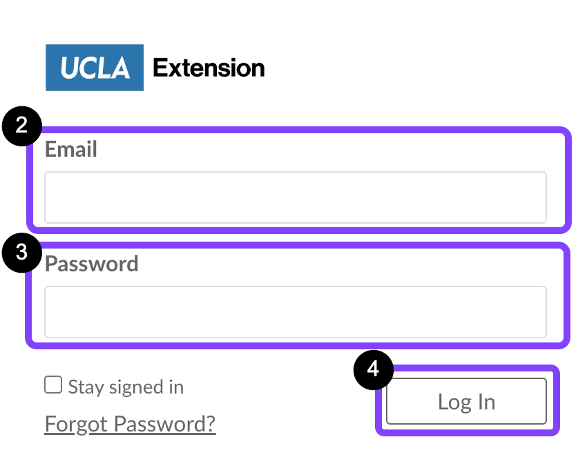 UCLA Extension Canvas login page with Email, Password, and Login highlighted.