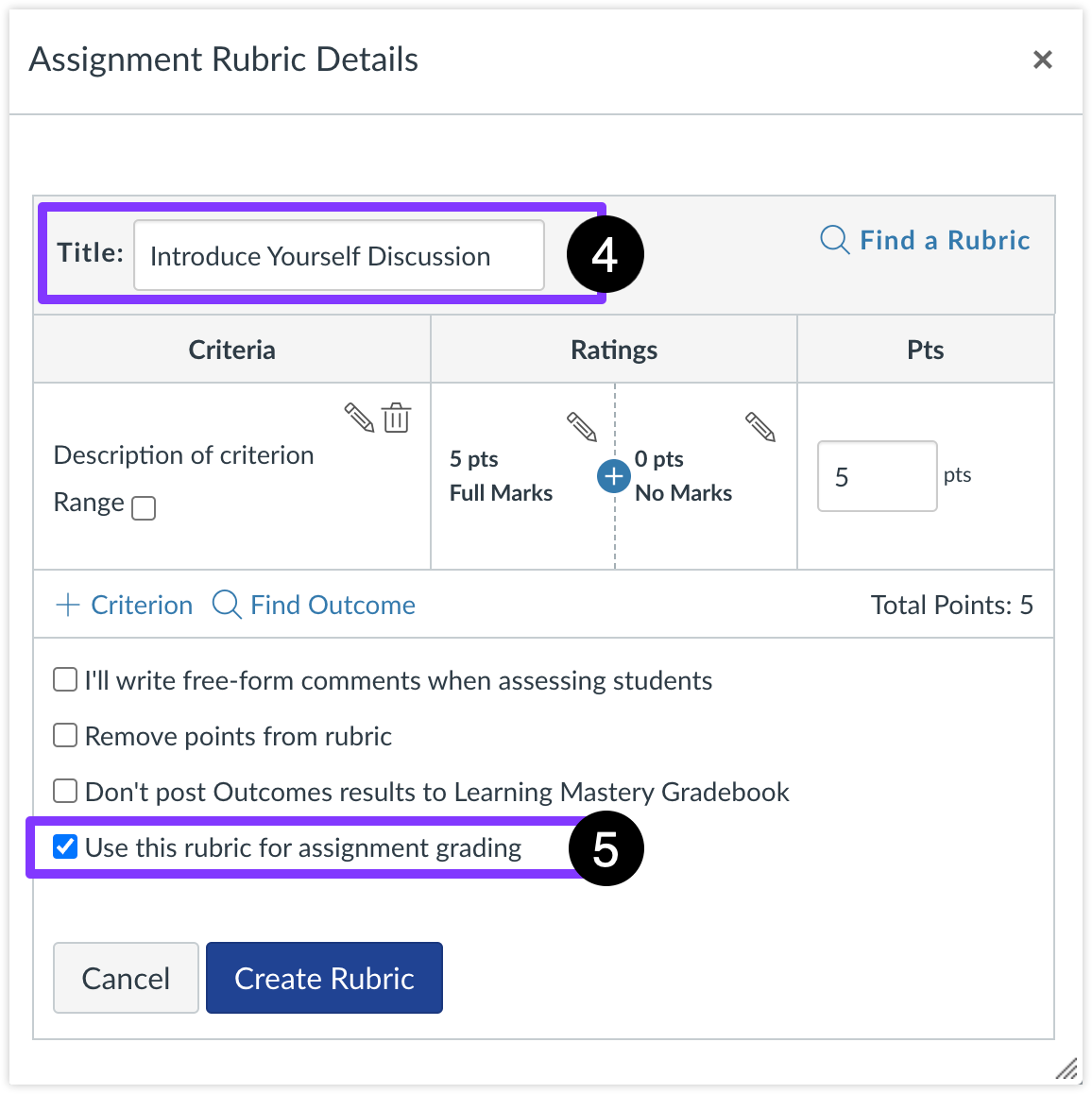 The Title field and Use this rubric for assignment grading checkboxes highlighted.