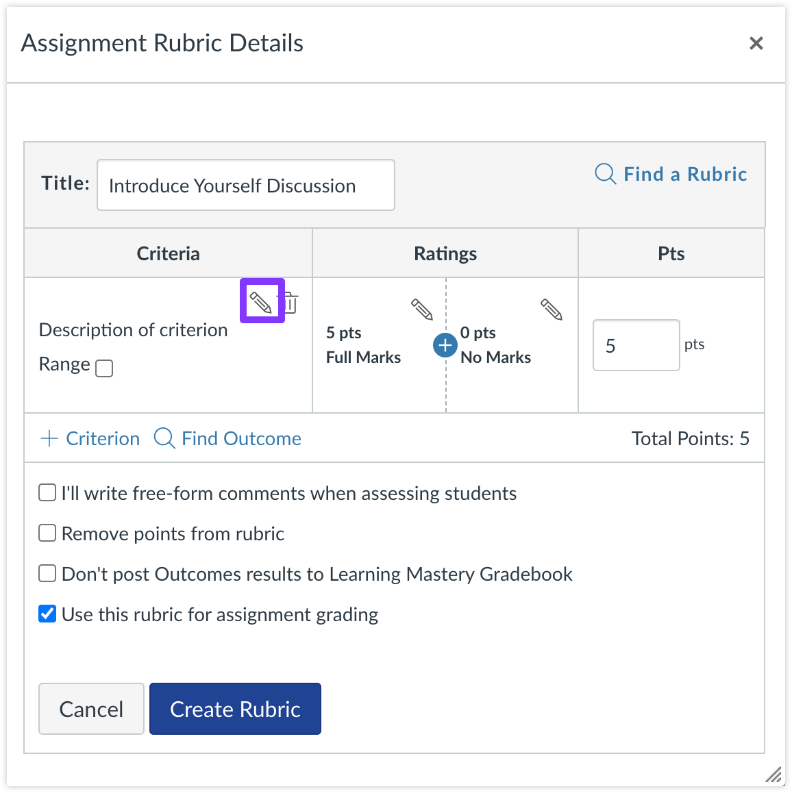 The pencil icon highlighted for editing a rubric criterion.