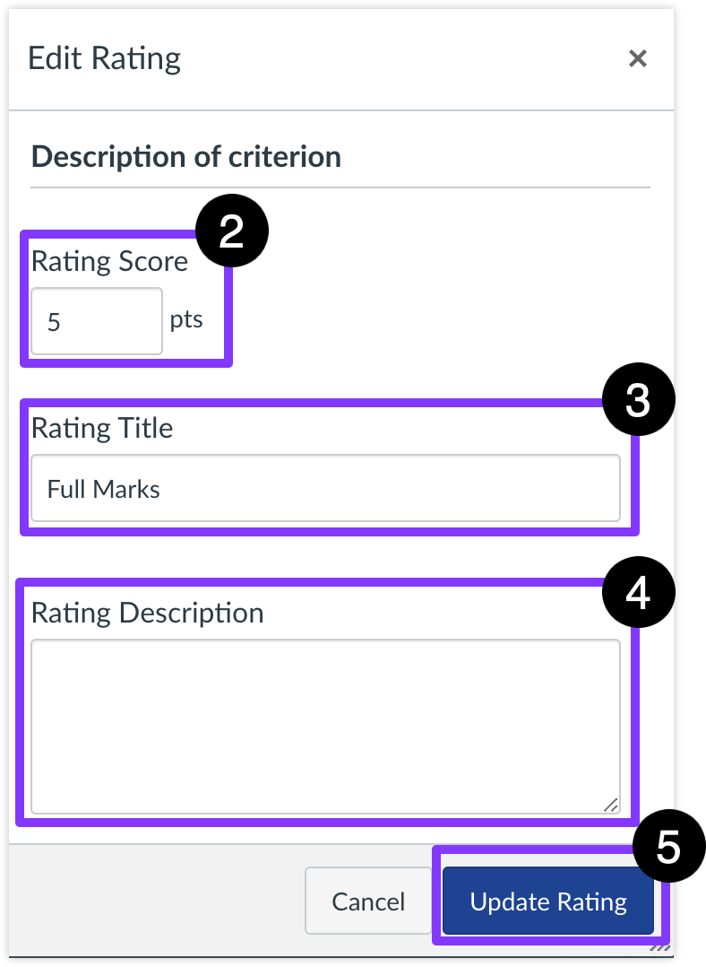 The Rating Title and Rating Description fields and the Update Rating button highlighted.