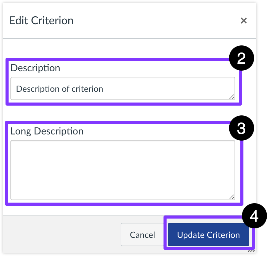 The Description and Long Description fields and the Update Criterion button highlighted.