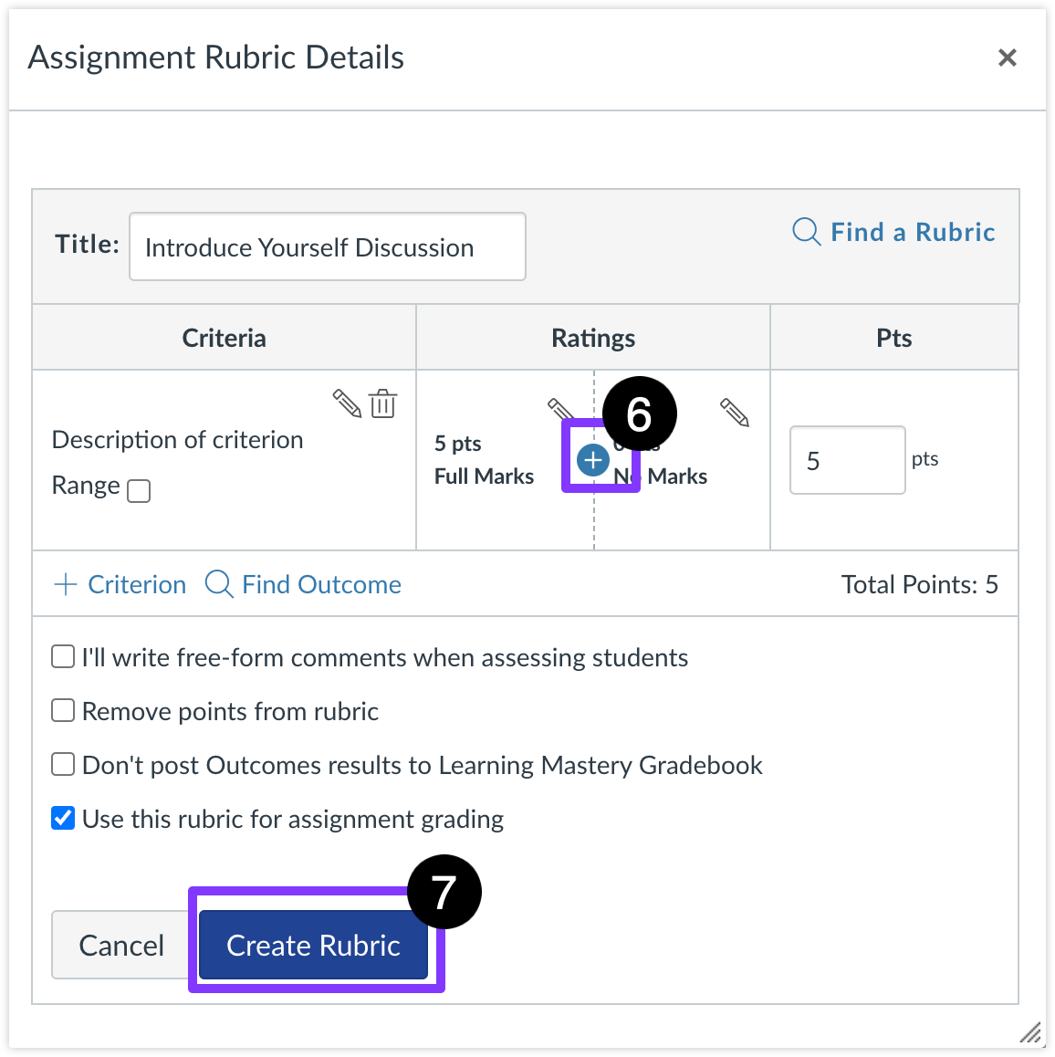 The plus icon and the Create Rubric button highlighted.