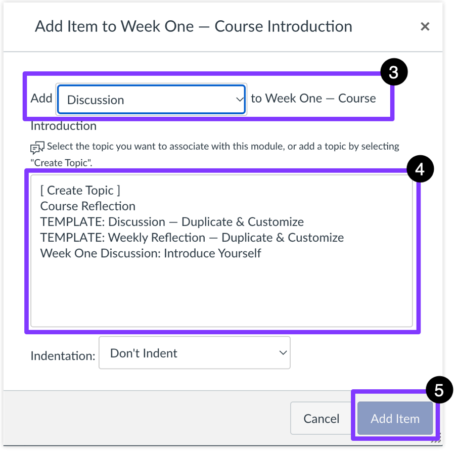 Add dropdown highlighted in step three; list of available options highlighted in step four; Add Item highlighted in step five.