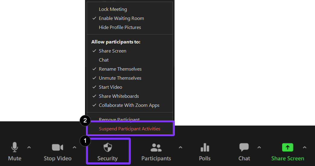 Security highlighted in Zoom meeting controls and Suspend Participant Activities highlighted in Security menu.