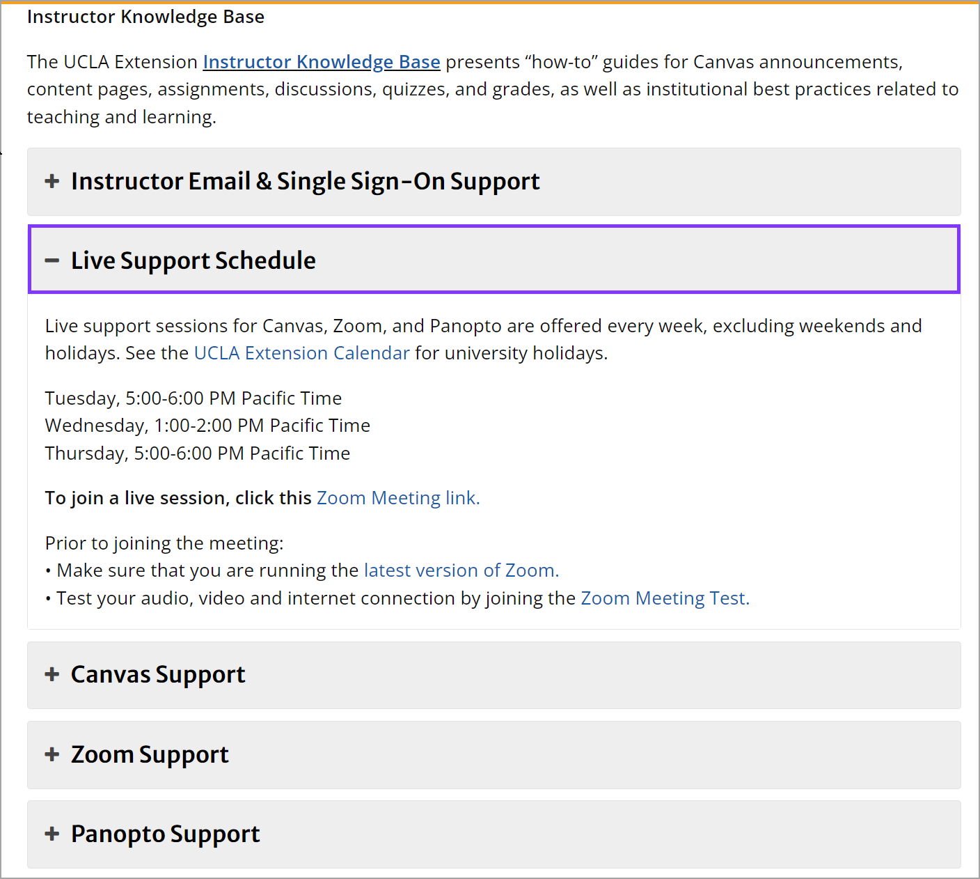 Live Support Schedule accordion expanded.