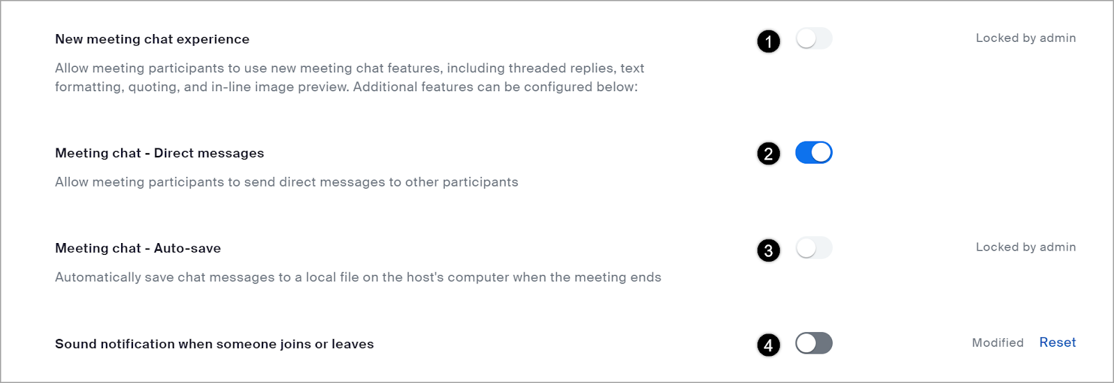 Meeting chat - Direct messages feature enabled and Sound notification disabled. 