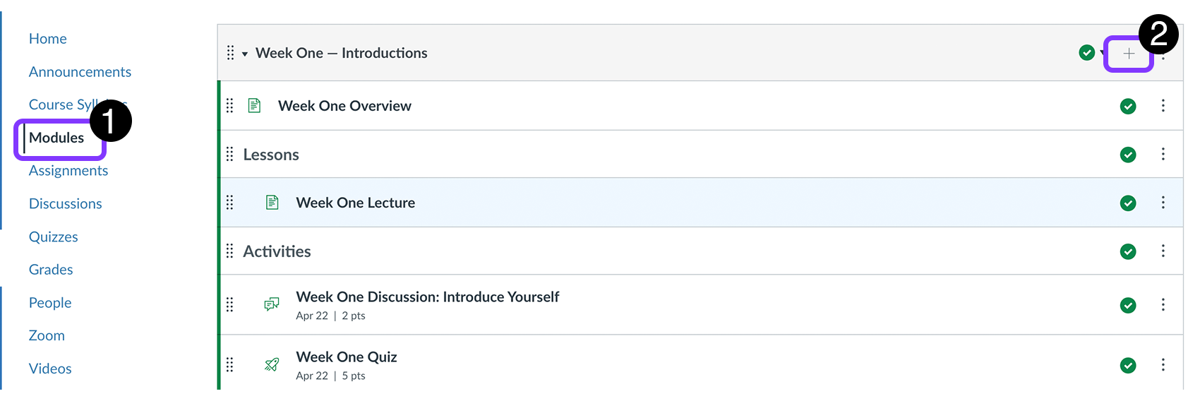 Modules menu and Add Item (plus) icon highlighted.